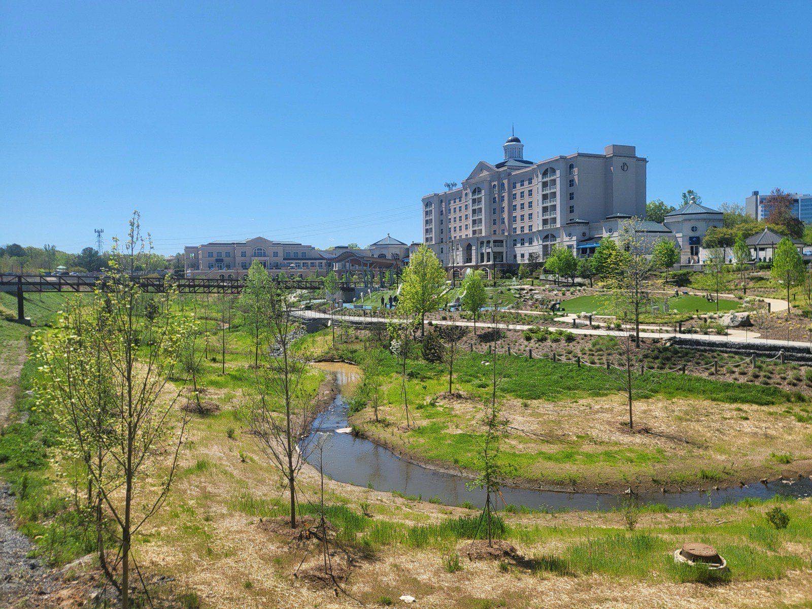 Restored creek and greenway in Stream Park with the multi-story Ballantyne hotel and cupola rising behind it, Ballantyne, south Charlotte